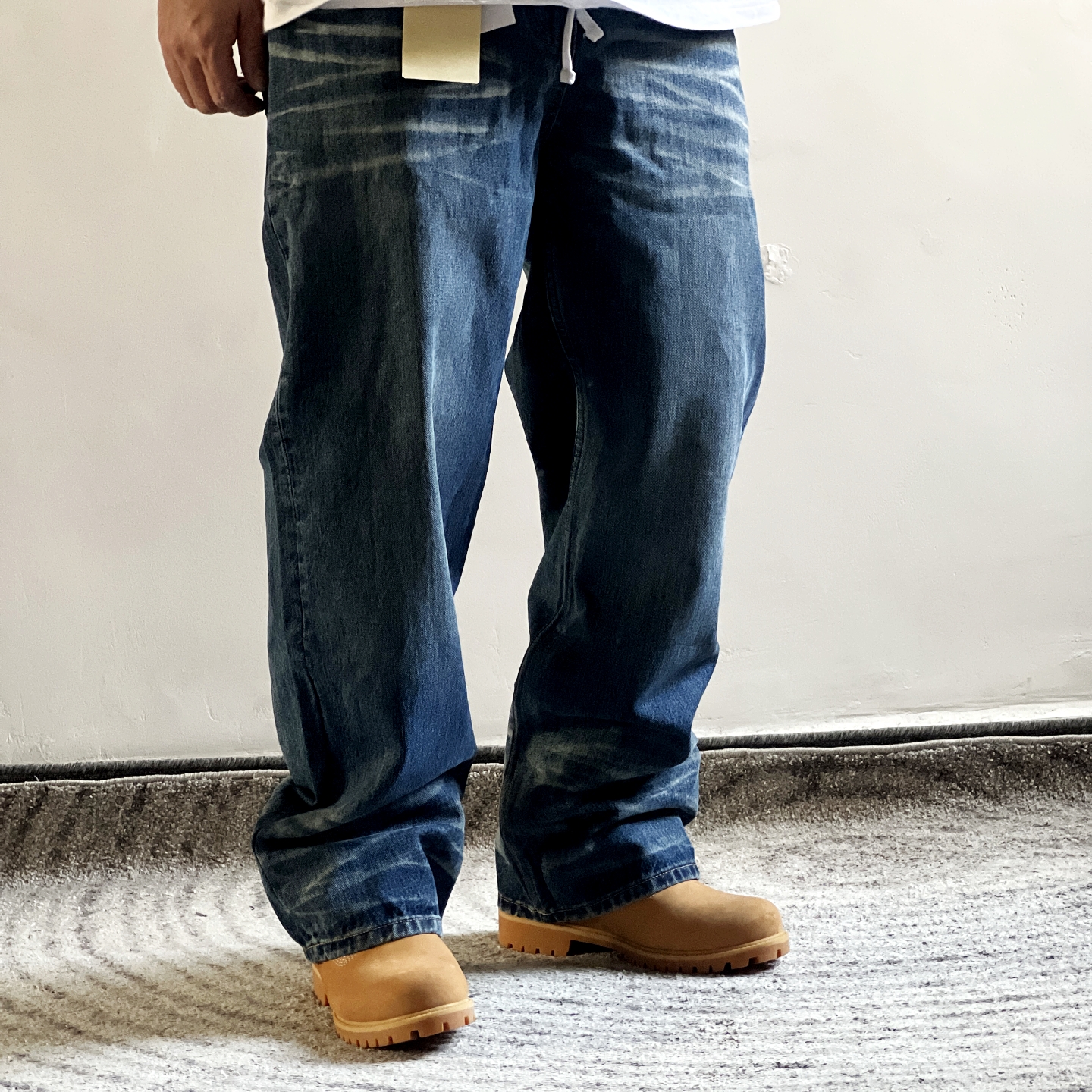 26AW BEN'S对接DOUBLE-R折痕猫须水洗做旧宽松直筒jeans牛仔裤潮