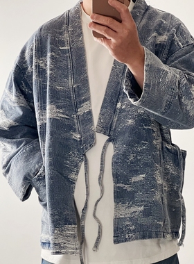 日潮VSVM中村世纪同款蓝染水洗做旧宽版廓形双袋道袍磨烂废土风潮