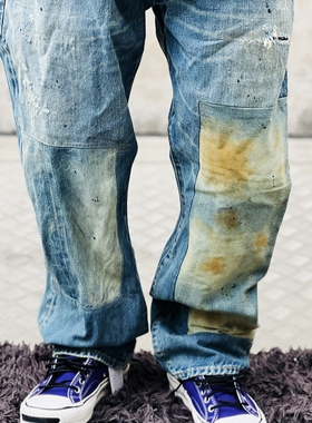 Ben's造FDMTL津吉学拼接补丁铁锈做旧水洗破烂赤耳宽松直筒牛仔裤