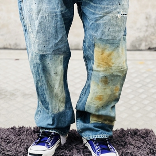 Ben's造FDMTL津吉学拼接补丁铁锈做旧水洗破烂赤耳宽松直筒牛仔裤