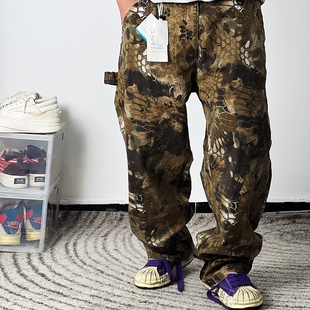 蜕变重生 24ss蛇纹印花clean fit做旧水洗磨烂宽版直筒伐木工装裤