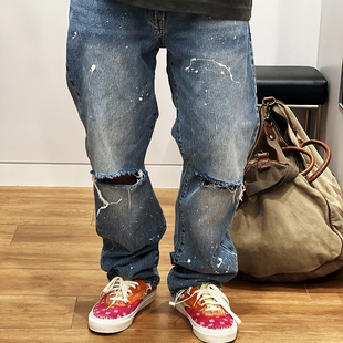 Okayama 重度颓废破坏Dirty Fit做旧点漆水洗Vibe赤耳牛仔裤直筒