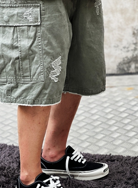 复刻Double-RL 日系重磅做旧Vintage宽松补丁磨破多袋工装五分裤