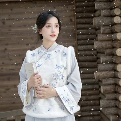 永乐清歌 清水溪国风新中式女装秋冬汉服刺绣马甲保暖显瘦百搭