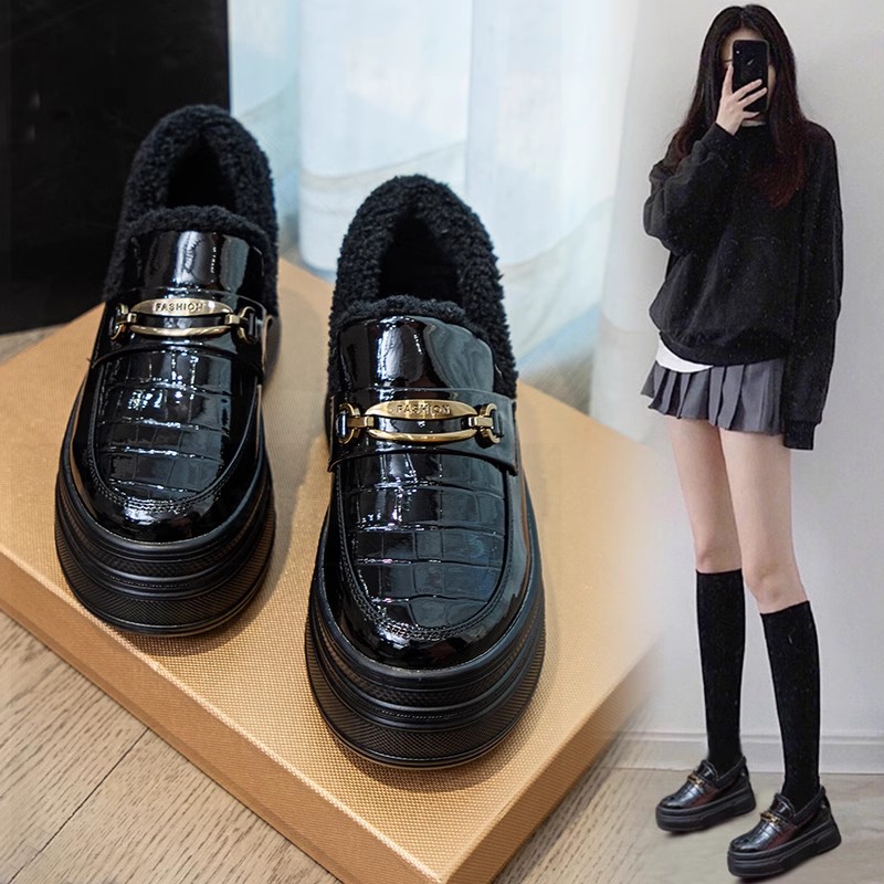 厚底乐福鞋女冬季百搭加绒小皮鞋