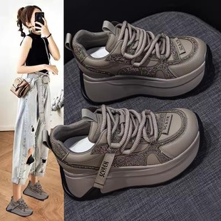 水钻厚底内增高8cm轻便运动鞋 秋季 时尚 女2025新款 复古真皮老爹鞋