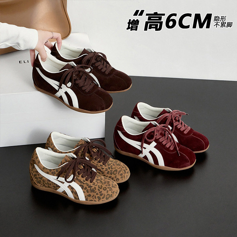牛皮版棕色德训鞋女内增高2026新