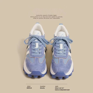 小个子增高厚底条纹百搭德训运动老爹鞋 蓝色阿甘鞋 新款 春季 女爆款