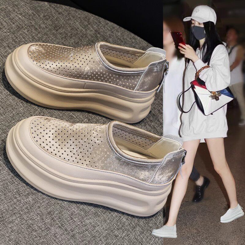 夏季洞洞小白鞋女透气薄款2026新款爆款镂空厚底松糕运动休闲板鞋