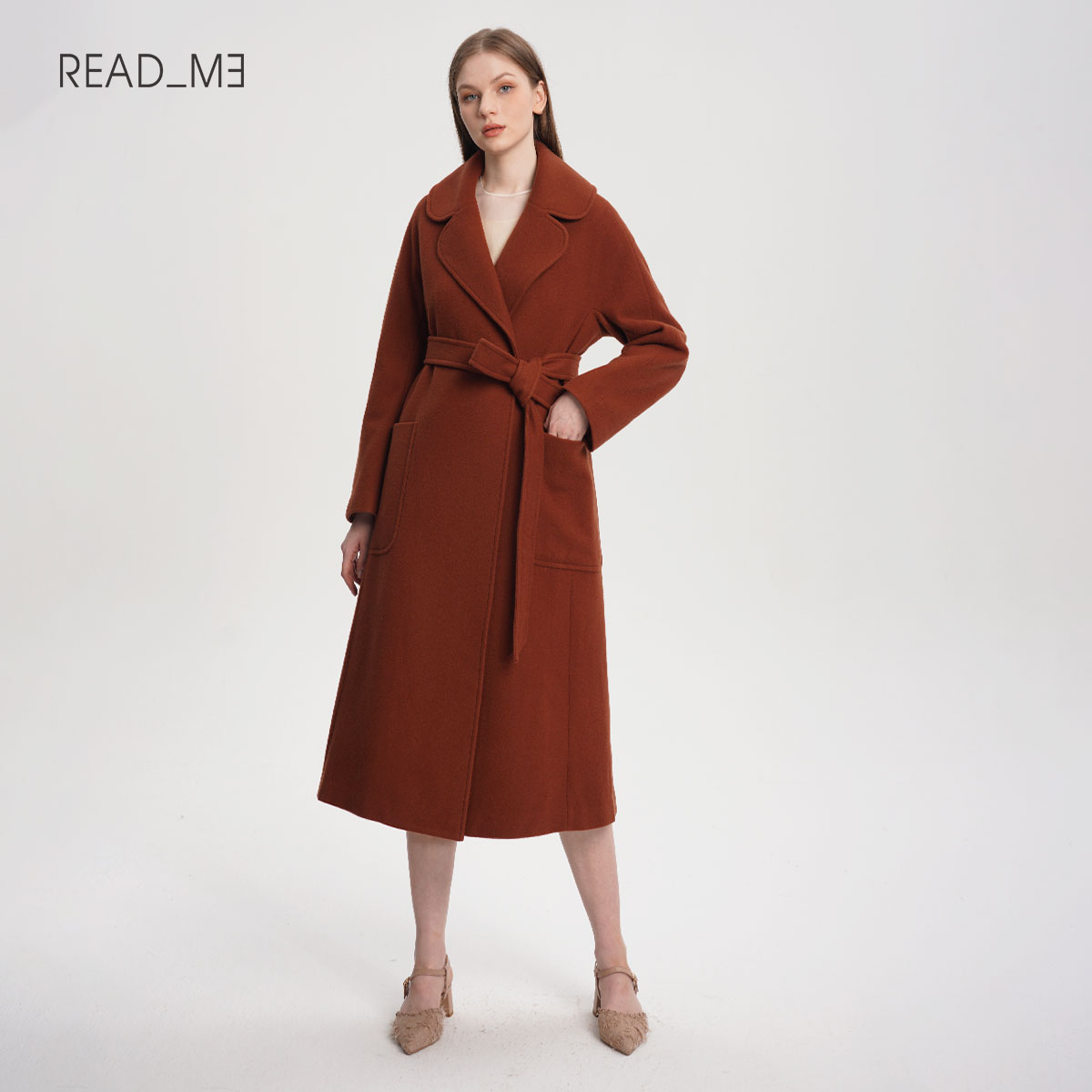 readme羊毛长款腰带大衣