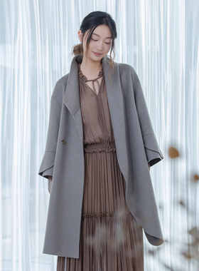 READ_ME读我灰绿慵懒包容直身不规则解构偏襟双面呢大衣B80910312