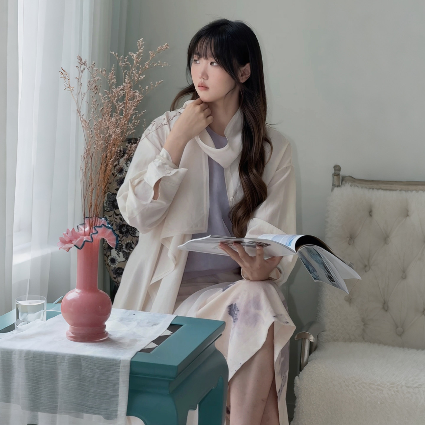 README长袖飘带领长款风衣