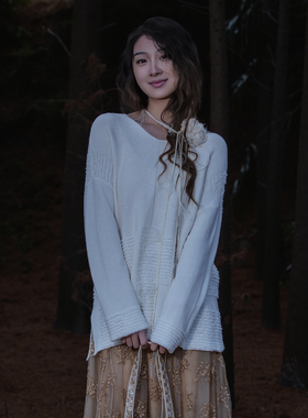 READ_ME读我白色简约小流苏V领羊毛羊绒针织套衫B60285546