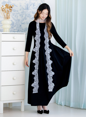 READ_ME读我极简黑色修身拼接一字领超长连衣裙B10822415