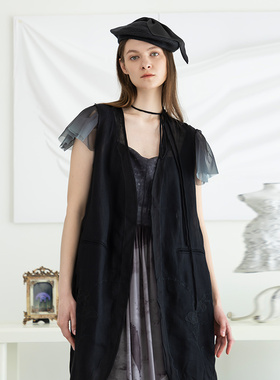 Readme读我黑色亚麻拼贴刺绣马甲B22503230