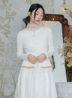 READ_ME读我白色简约精致圆领小花边抽条针织棉毛开衫B90243246