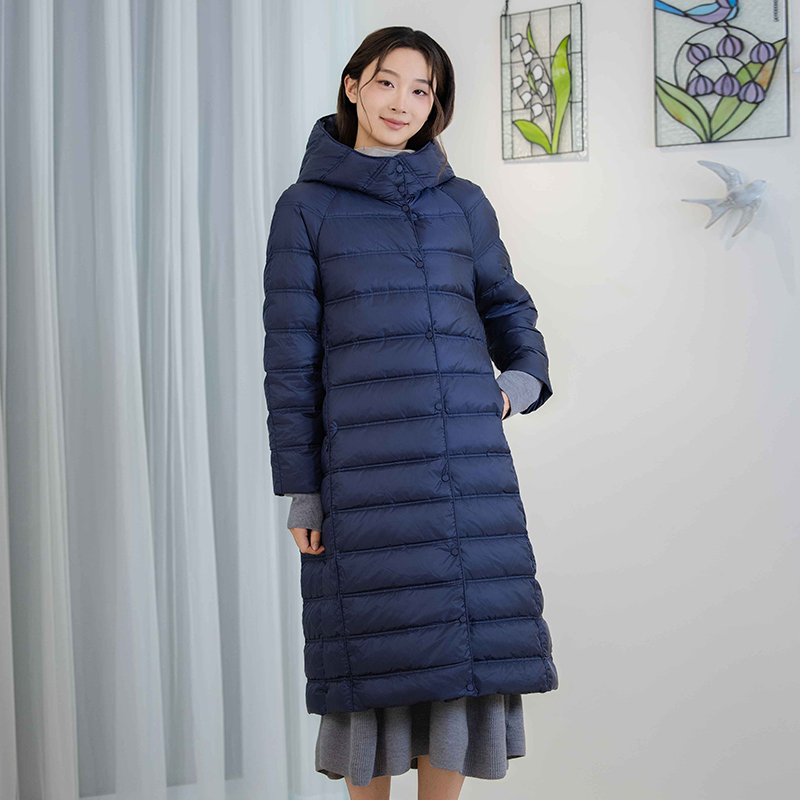 README长款连帽修身羽绒服