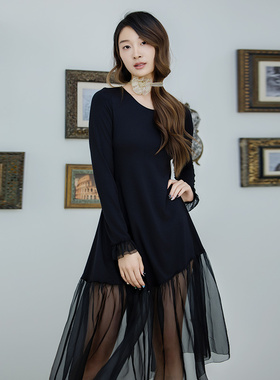 READ_ME读我黑色撞料拼接修身连衣裙B10811220