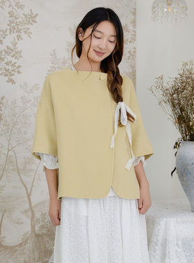 READ_ME读我方领简洁箱型鹅黄偏襟双面呢短款羊毛大衣B10912409