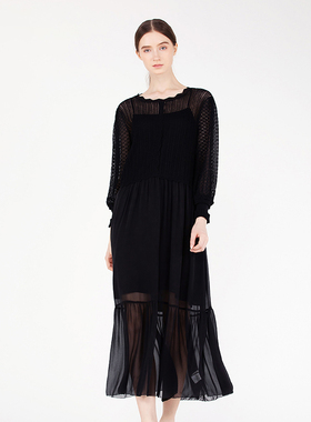 readme秋季女士真丝拼接针织女士修身黑色镂空长款连衣裙60218148