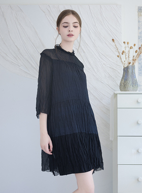 READ_ME读我黑色面料拼接褶皱7分袖带内搭连衣裙B20883609