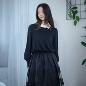 READ_ME读我黑色简约素雅小翻领珍珠袖 羊毛针织套头衫 B90227246