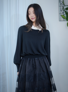 READ_ME读我黑色简约素雅小翻领珍珠袖羊毛针织套头衫B90227246