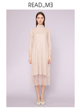 readme女士花瓣半高领蕾丝双层裸粉色针织长袖连衣裙70205147