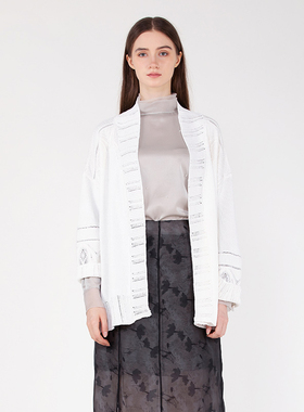 READ_ME读我白色蕾丝亚麻混纺镂空门襟针织开衫B10206145