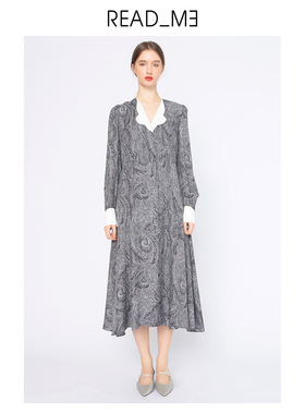 特惠readme读我女士法式v领连衣裙长款收腰复古印花显瘦70812210