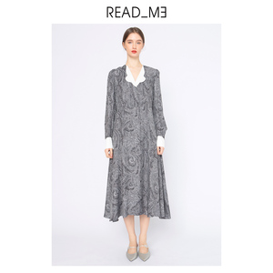 特惠readme读我女士法式v领连衣裙长款收腰复古印花显瘦70812210