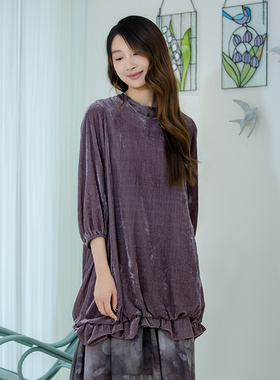 READ_ME读我紫色丝绒小圆领包容减龄灯笼7分袖连衣裙B10803114