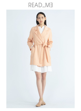 readme读我浅橙桔女羊毛修身腰带直身短大衣T30904288