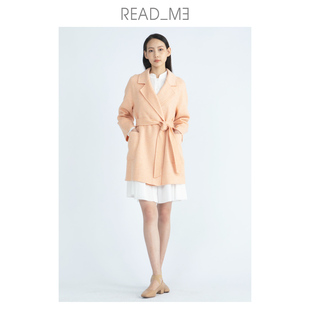 readme读我浅橙桔女羊毛修身 腰带直身短大衣T30904288