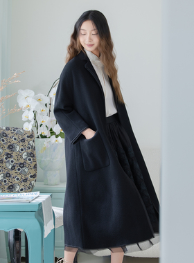 READ_ME读我黑色简约翻驳领开襟包容挺括长款大衣B80944517