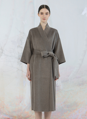 Readme读我秋冬新品女高级灰绿色直领简约开襟系带大衣B10904303