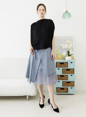 Readme读我黑色宽松落肩包容相拼无袖套衫B20429540