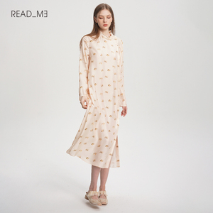 Readme读我女立领长款女印花腰带真丝连衣裙50802125