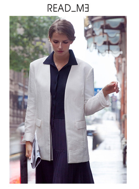 readme读我白色女士无领简约宽松廓形长休闲西装白色60603115