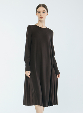 READ_ME读我咖色A型前后相拼压褶包容针织长裙B10252446