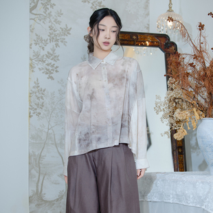 READ_ME读我文艺植物印花简约复古棉麻衬衫B90105122