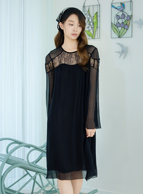 READ_ME读我黑色蕾丝拼接直身桑蚕丝连衣裙B10801112