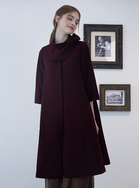 READ_ME读我女士紫红立领飘带A摆羊毛大衣G10936588