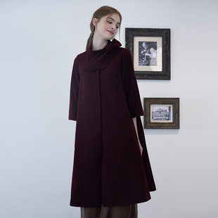 READ_ME读我女士紫红立领飘带A摆羊毛大衣G10936588