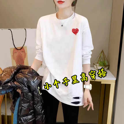 小个子女中长款遮屁股打底衫宽松加绒长袖上衣破洞叠穿内搭卫衣潮