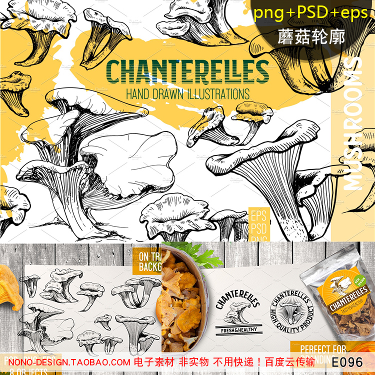 E096手绘菌类蘑菇轮廓线条PNG免抠图EPS矢量插画白描平面设计素材