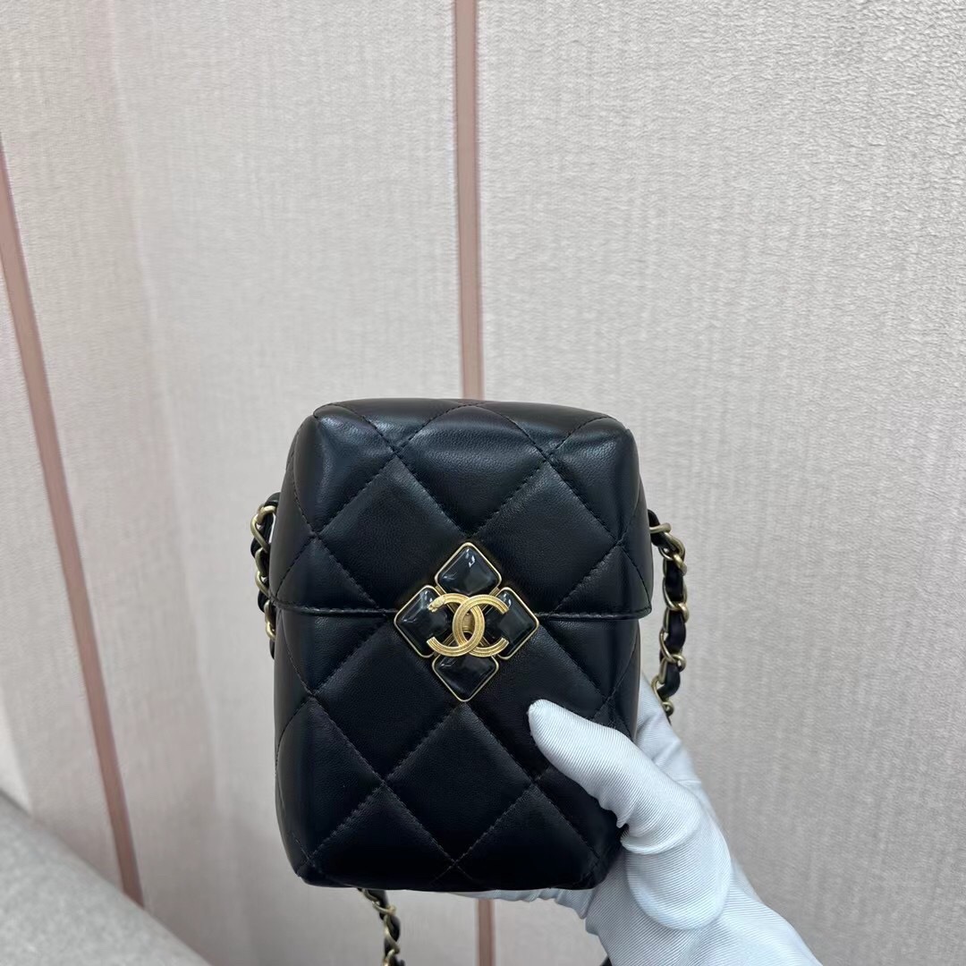 二手chanel香奈儿黑色菱格宝石扣链条包单肩手提包