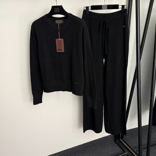 休闲套装 高腰阔腿针织长裤 提花格纹套头长袖 上衣 针织衫 南油新款