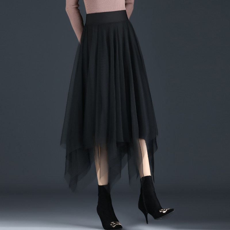 半身裙秋冬女2024新款高腰中长不规则a字裙显瘦两面穿蓬蓬网纱裙