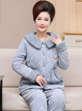 女士珊瑚绒夹棉可外穿睡衣老年人